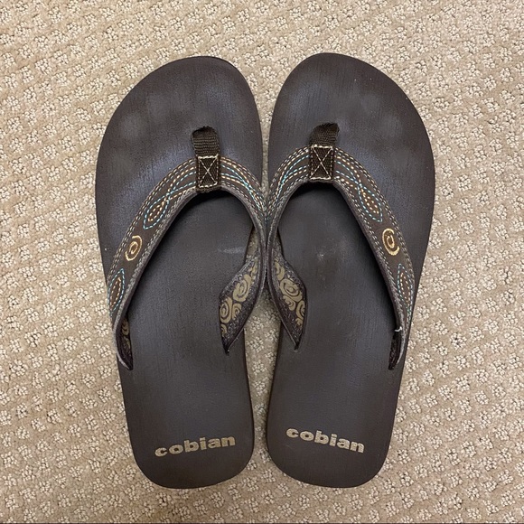 Cobain Shoes - Cobain Brown Flip Flops w/ Turquoise Embroidery